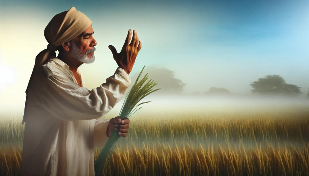 Taoist farmer standing quietly at sunrise, surrounded by ripened fields and morning mist.