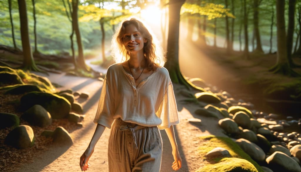 Traveler walking barefoot on a sunlit stone path through a peaceful forest