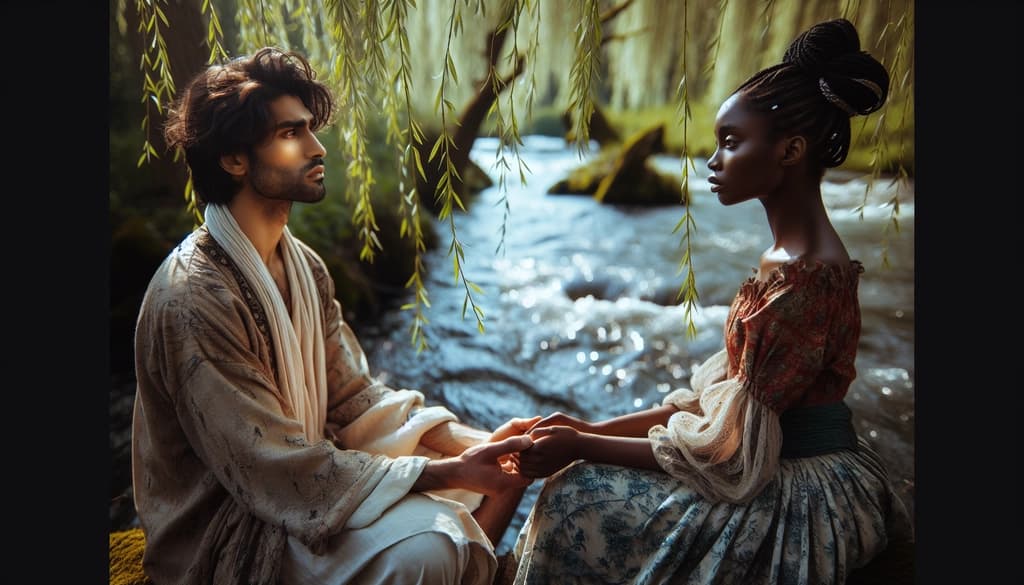 Two people sit by a flowing river, hands gently touching, both gazing peacefully at the water, sunlight filtering through branches.