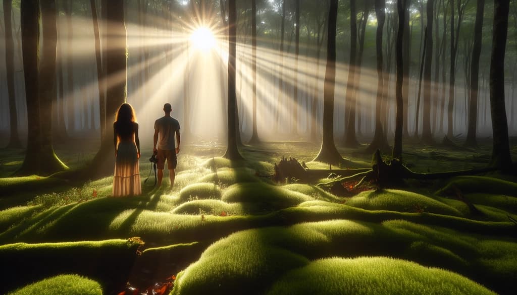 Two people standing in a misty forest clearing at dawn, sunlight softening their outlines.