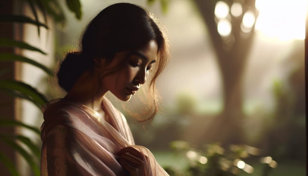 Woman in a shawl looking over a peaceful morning garden, deep in reflection.