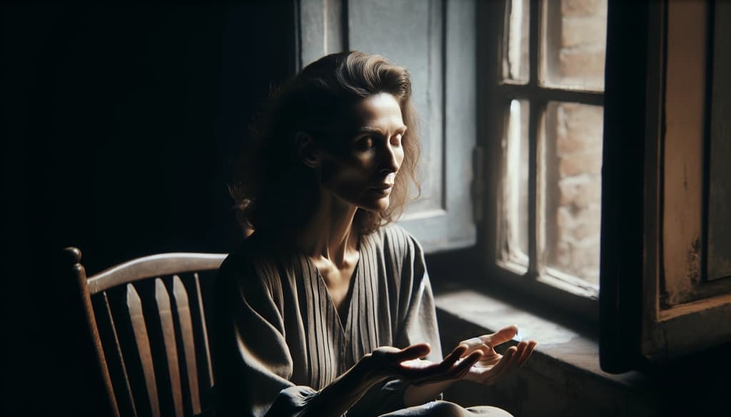 Woman meditating quietly by a sunlit window, appearing deep in witness consciousness.