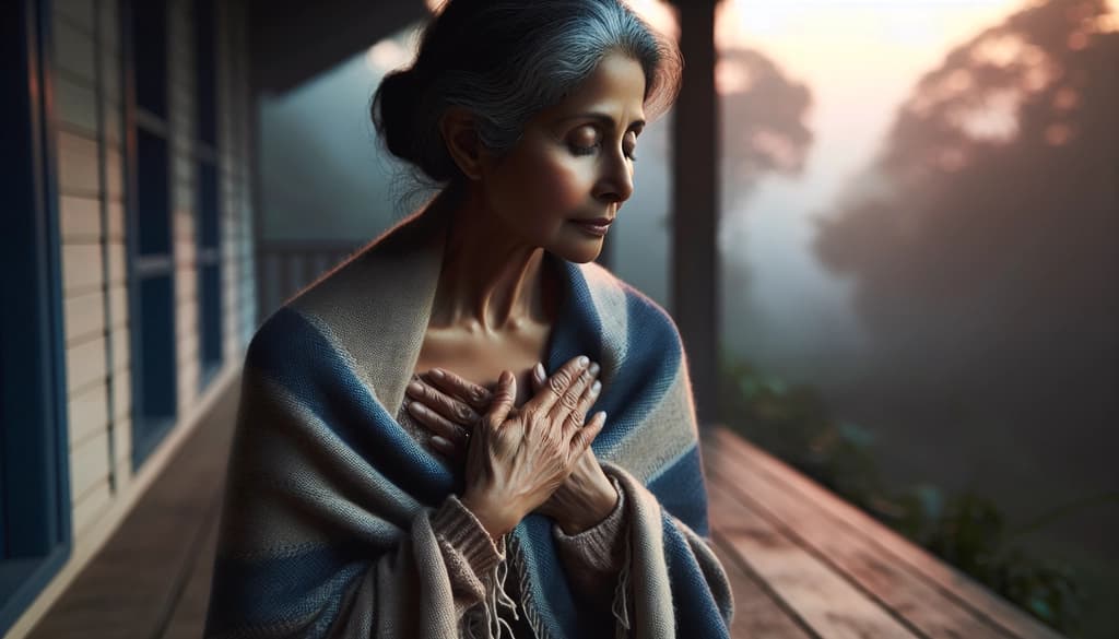 Woman on porch at dusk, shawl wrapped, hands to heart, eyes closed in quiet reflection.