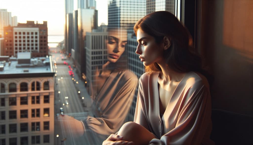 Woman pausing in city apartment, reflected in glass, observing her thoughts.