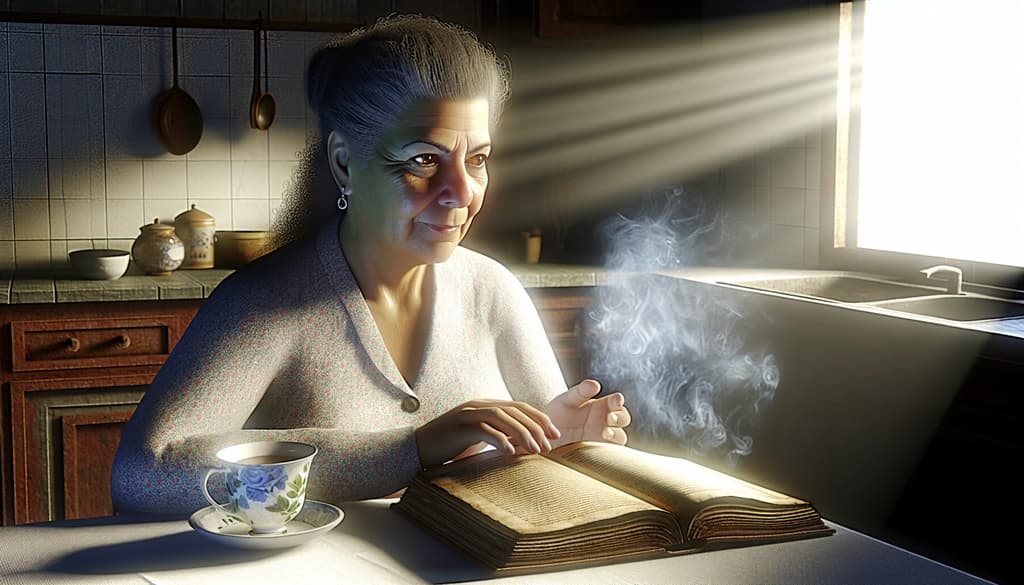 Woman reflecting at a kitchen table, holding an open book beside a cup of tea.