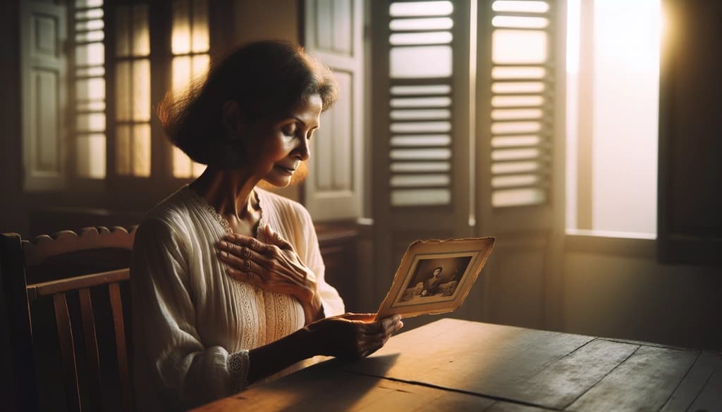 Woman reflecting with a photograph in golden morning light, hand on heart.