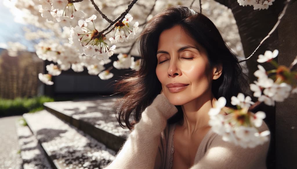 Woman resting on outdoor steps beneath blooming trees, eyes closed in thoughtful peace.