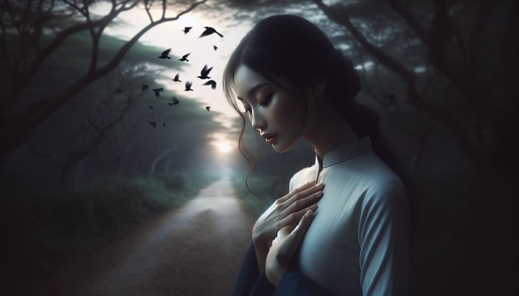 Woman standing at a forest crossroads at dusk, hands over heart, deep in contemplative reflection.