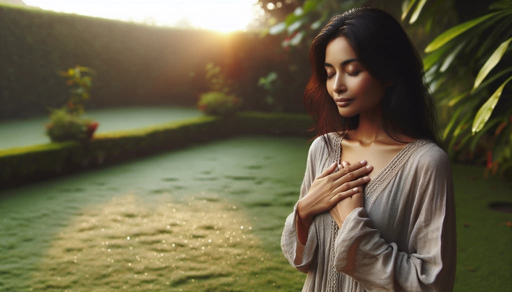 Woman standing in a garden at sunrise with a peaceful, reflective expression.